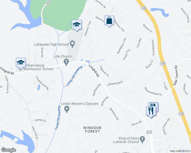 map of restaurants, bars, coffee shops, grocery stores, and more near 106 Clarendon Court in Williamsburg