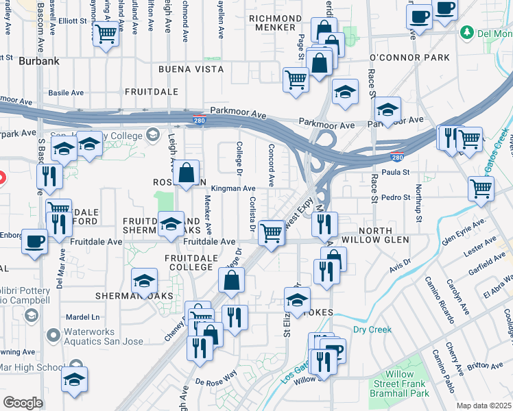 map of restaurants, bars, coffee shops, grocery stores, and more near 804 Corlista Drive in San Jose
