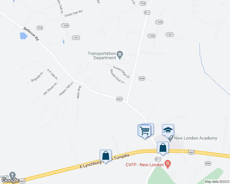 map of restaurants, bars, coffee shops, grocery stores, and more near 1111 Bellevue Road in Forest
