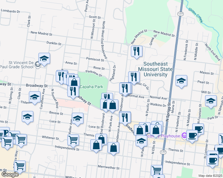 map of restaurants, bars, coffee shops, grocery stores, and more near 1240 Normal Avenue in Cape Girardeau