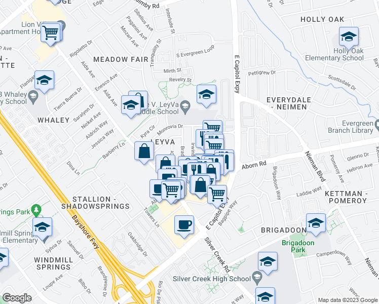 map of restaurants, bars, coffee shops, grocery stores, and more near 2951 Irwindale Drive in San Jose