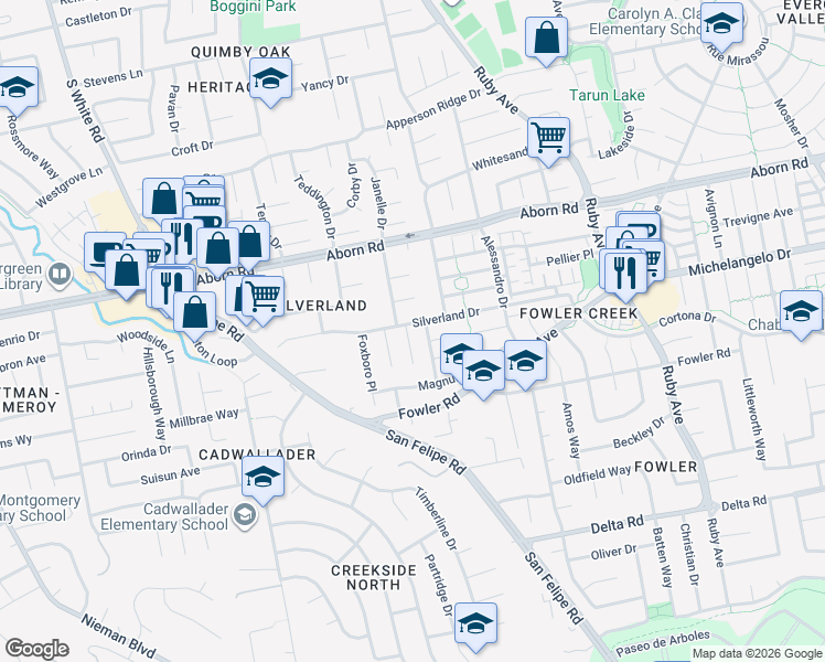 map of restaurants, bars, coffee shops, grocery stores, and more near 3022 Silverland Drive in San Jose