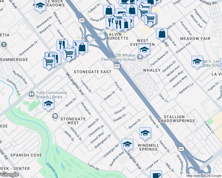 map of restaurants, bars, coffee shops, grocery stores, and more near 1261 Mayhew Drive in San Jose