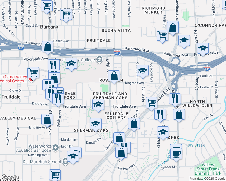 map of restaurants, bars, coffee shops, grocery stores, and more near 800 Leigh Avenue in San Jose