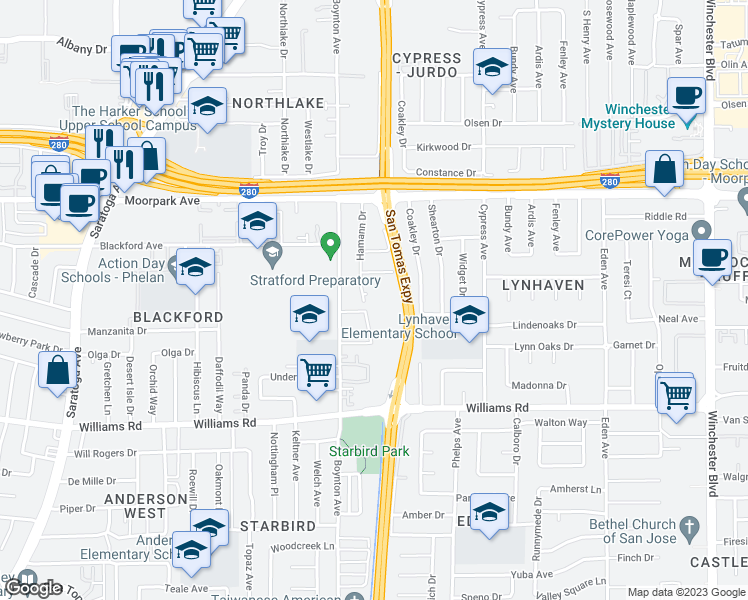 map of restaurants, bars, coffee shops, grocery stores, and more near in San Jose