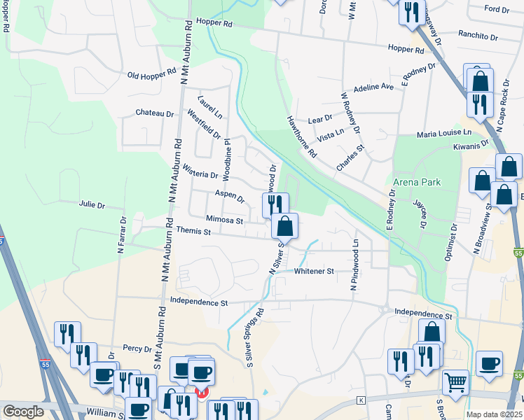 map of restaurants, bars, coffee shops, grocery stores, and more near 3002 Aspen Drive in Cape Girardeau