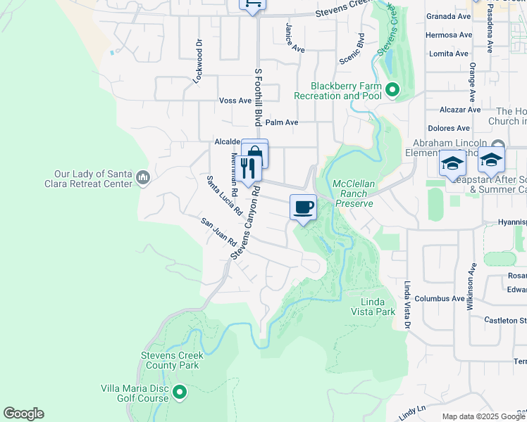 map of restaurants, bars, coffee shops, grocery stores, and more near 22441 Balustrol Court in Cupertino