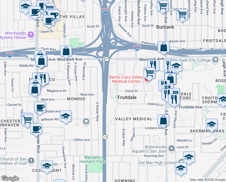map of restaurants, bars, coffee shops, grocery stores, and more near 1024 Yarwood Court in San Jose