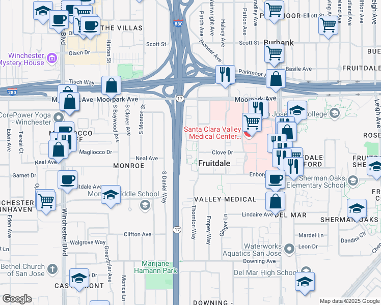 map of restaurants, bars, coffee shops, grocery stores, and more near 1024 Yarwood Court in San Jose