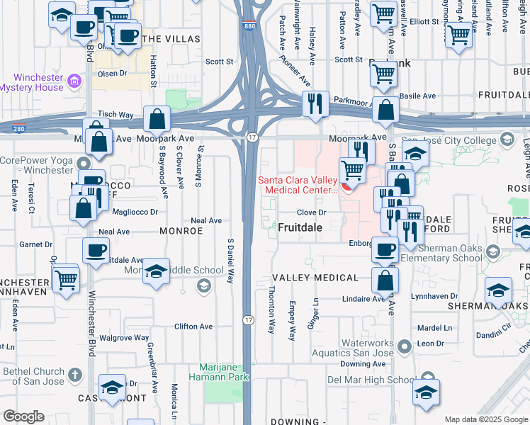 map of restaurants, bars, coffee shops, grocery stores, and more near 1018 Yarwood Court in San Jose