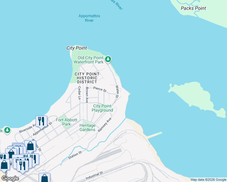 map of restaurants, bars, coffee shops, grocery stores, and more near 1117 Pierce Street in Hopewell