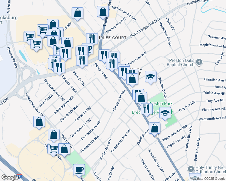 map of restaurants, bars, coffee shops, grocery stores, and more near 4508 Delray Street Northwest in Roanoke