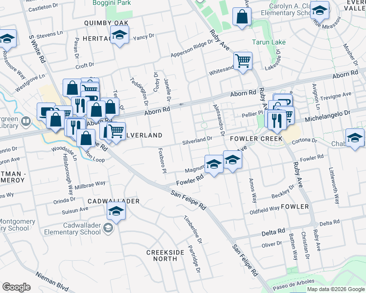 map of restaurants, bars, coffee shops, grocery stores, and more near 3022 Silverland Drive in San Jose