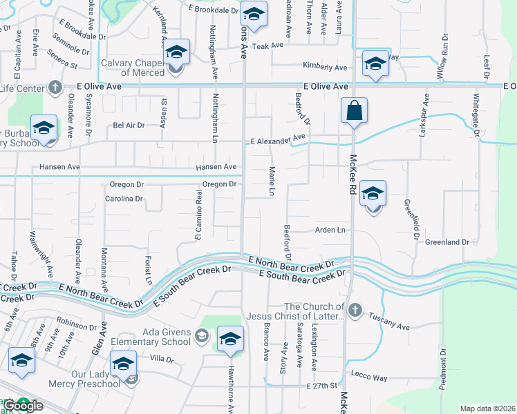 map of restaurants, bars, coffee shops, grocery stores, and more near 1785 East North Bear Creek Drive in Merced