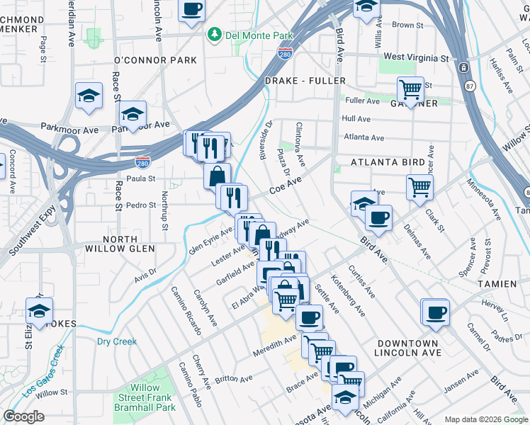 map of restaurants, bars, coffee shops, grocery stores, and more near 1024 Ramona Avenue in San Jose