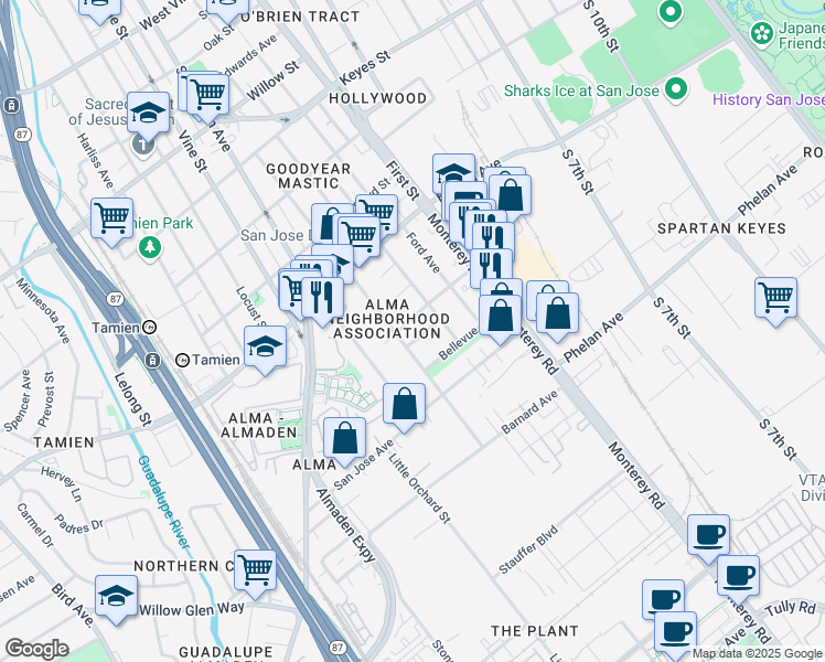 map of restaurants, bars, coffee shops, grocery stores, and more near 150 Cottage Grove Avenue in San Jose