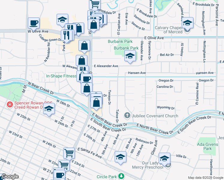 map of restaurants, bars, coffee shops, grocery stores, and more near 2918 Tenaya Drive in Merced