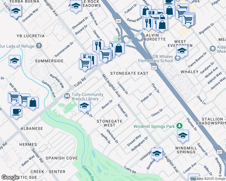 map of restaurants, bars, coffee shops, grocery stores, and more near 2497 McLaughlin Avenue in San Jose