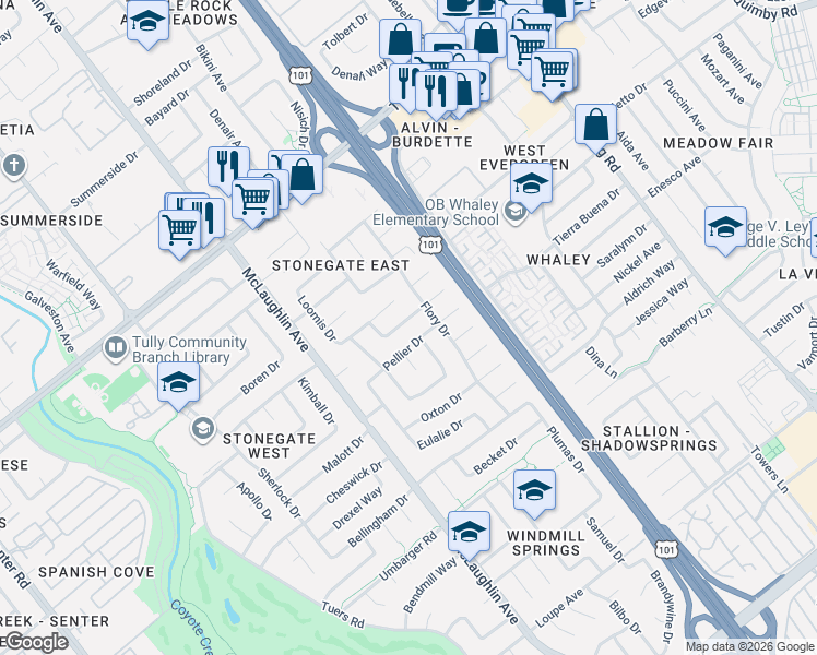 map of restaurants, bars, coffee shops, grocery stores, and more near 1261 Mayhew Drive in San Jose