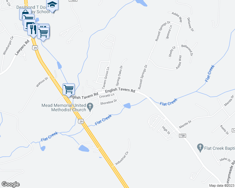 map of restaurants, bars, coffee shops, grocery stores, and more near 6 Emily Lane in Lynchburg