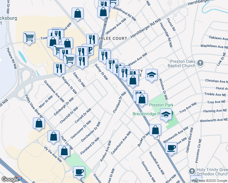 map of restaurants, bars, coffee shops, grocery stores, and more near 4508 Delray Street Northwest in Roanoke