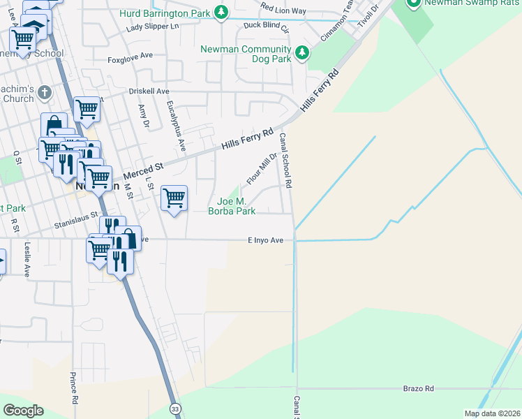 map of restaurants, bars, coffee shops, grocery stores, and more near 537 Bonanza Drive in Newman