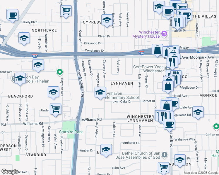 map of restaurants, bars, coffee shops, grocery stores, and more near 805 Starlight Court in San Jose