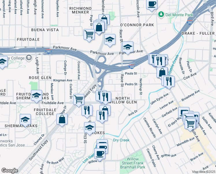 map of restaurants, bars, coffee shops, grocery stores, and more near 850 Meridian Way in San Jose