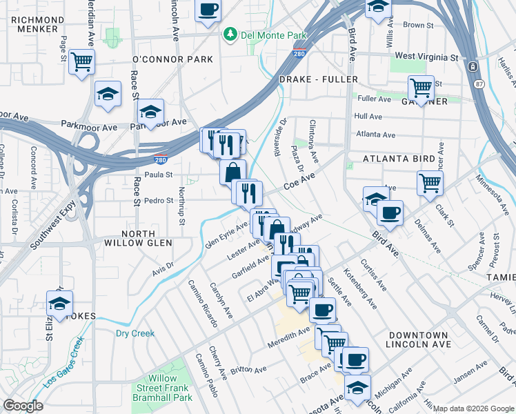 map of restaurants, bars, coffee shops, grocery stores, and more near 1000b Coe Avenue in San Jose