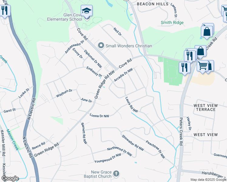 map of restaurants, bars, coffee shops, grocery stores, and more near 4751 Biltmore Drive Northwest in Roanoke