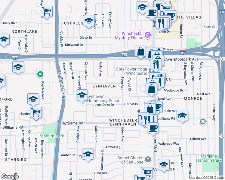 map of restaurants, bars, coffee shops, grocery stores, and more near 805 Onyx Court in San Jose
