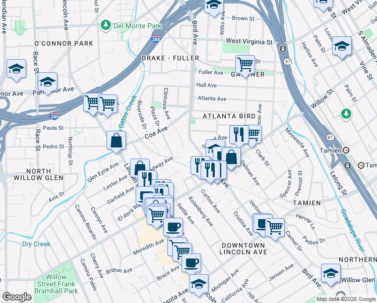 map of restaurants, bars, coffee shops, grocery stores, and more near 1061 Bird Avenue in San Jose