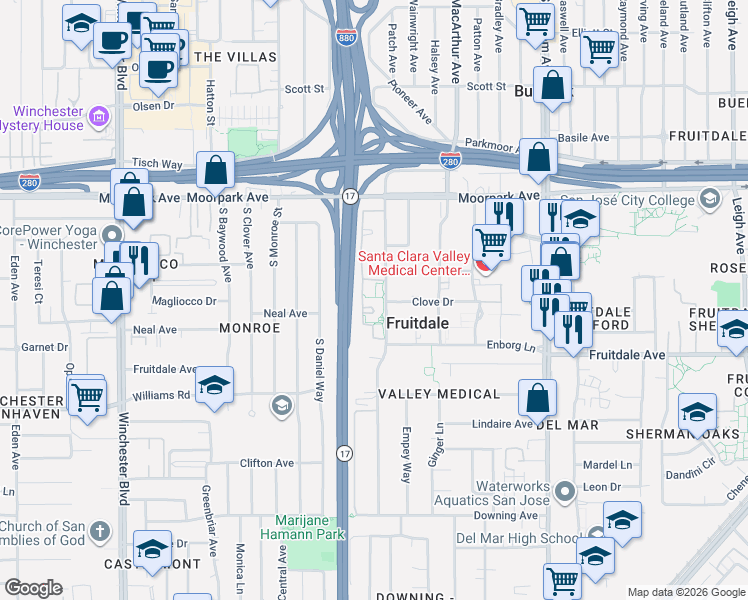map of restaurants, bars, coffee shops, grocery stores, and more near 1018 Yarwood Court in San Jose