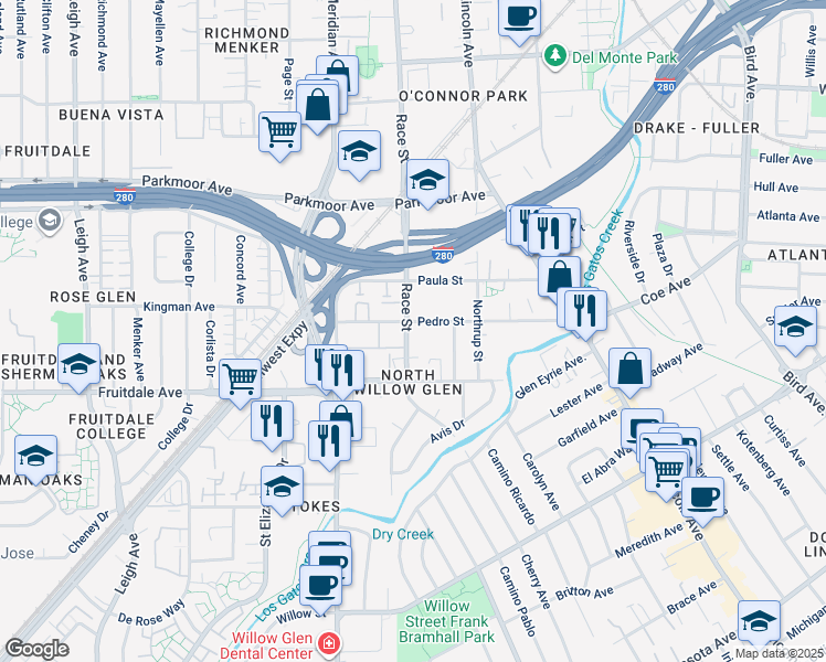 map of restaurants, bars, coffee shops, grocery stores, and more near 810 Race Street in San Jose