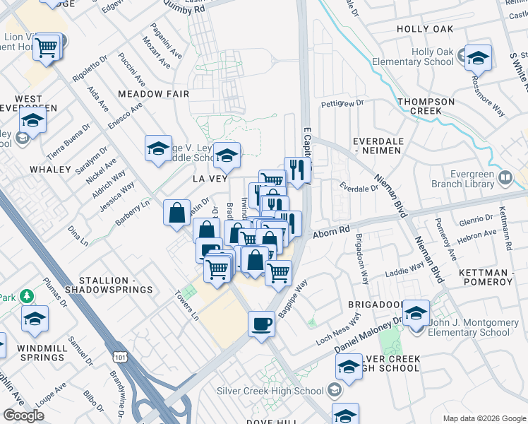map of restaurants, bars, coffee shops, grocery stores, and more near 2932 Aborn Square Road in San Jose
