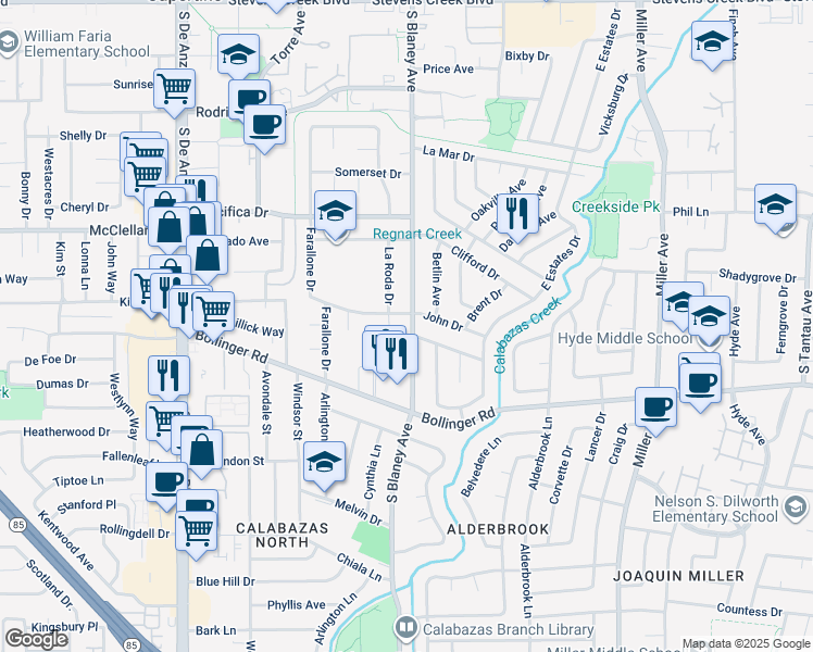 map of restaurants, bars, coffee shops, grocery stores, and more near 10715 South Blaney Avenue in Cupertino