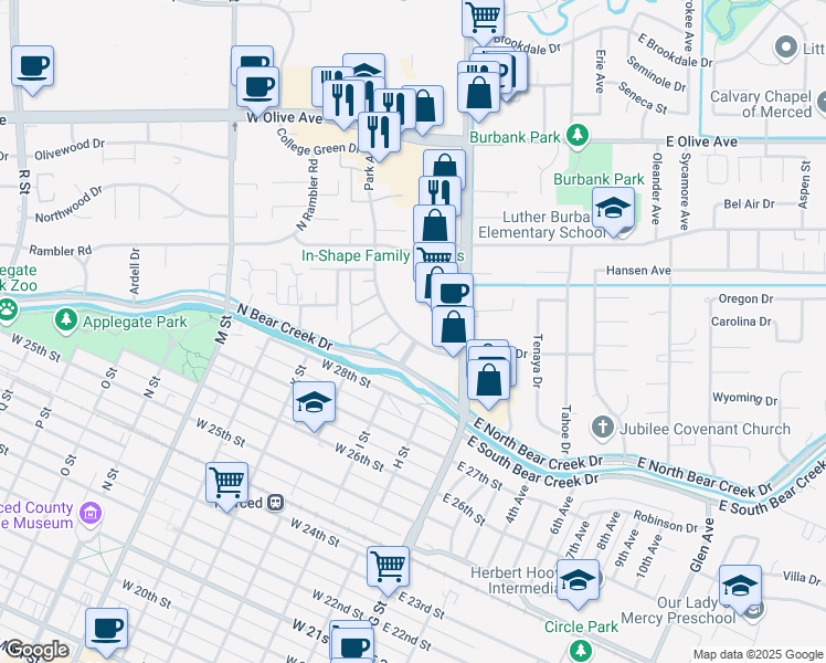 map of restaurants, bars, coffee shops, grocery stores, and more near in Merced