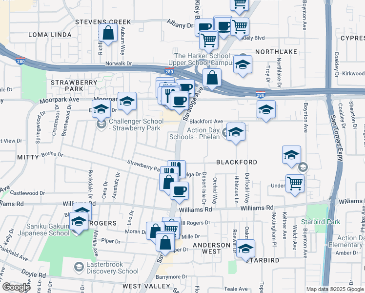 map of restaurants, bars, coffee shops, grocery stores, and more near 730 Saratoga Avenue in San Jose