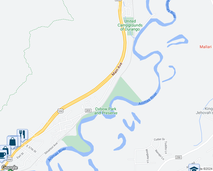 map of restaurants, bars, coffee shops, grocery stores, and more near 763 Animas View Dr in Durango