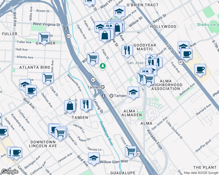 map of restaurants, bars, coffee shops, grocery stores, and more near 1355 Lick Ave in San Jose