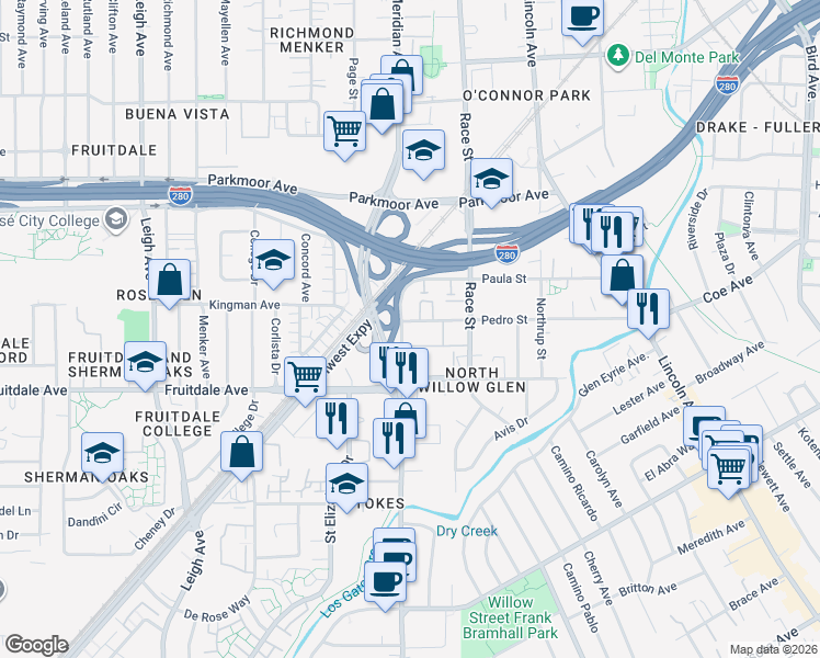 map of restaurants, bars, coffee shops, grocery stores, and more near 850 Meridian Way in San Jose