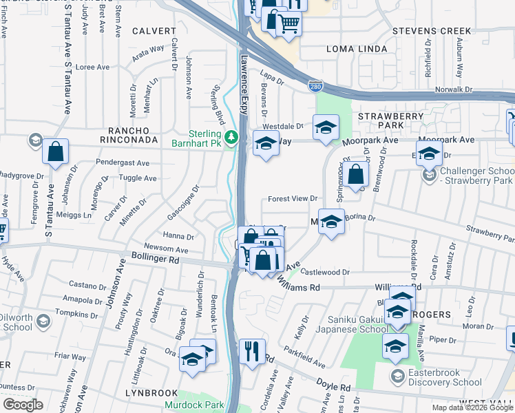 map of restaurants, bars, coffee shops, grocery stores, and more near 820 Doyle Road in San Jose