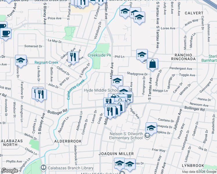 map of restaurants, bars, coffee shops, grocery stores, and more near 892 Candlewood Drive in Cupertino