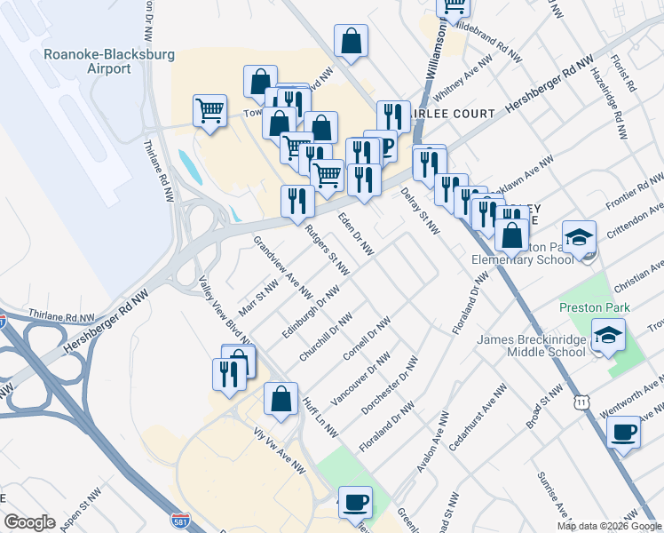 map of restaurants, bars, coffee shops, grocery stores, and more near 4815 Rutgers Street Northwest in Roanoke