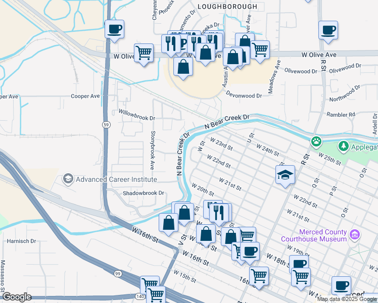 map of restaurants, bars, coffee shops, grocery stores, and more near 1650 Patricia Lane in Merced
