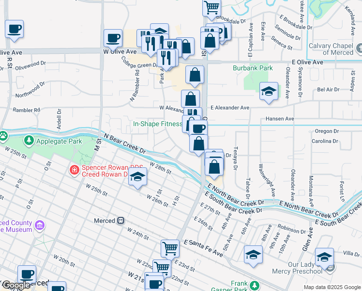 map of restaurants, bars, coffee shops, grocery stores, and more near 140 Park Avenue in Merced