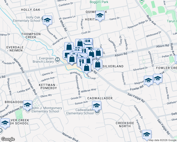 map of restaurants, bars, coffee shops, grocery stores, and more near 2665 Caterpillar Court in San Jose