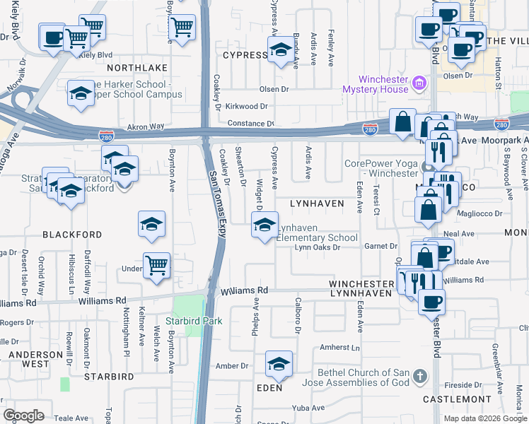 map of restaurants, bars, coffee shops, grocery stores, and more near 828 Widget Drive in San Jose