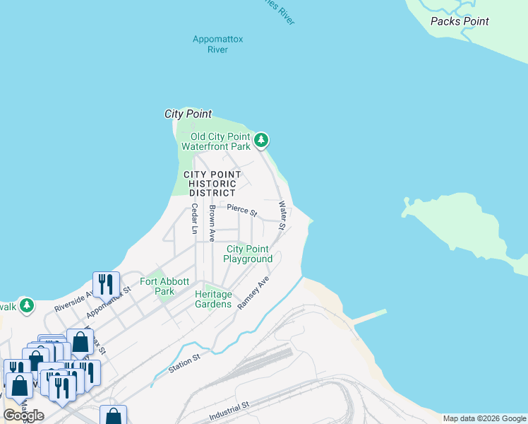 map of restaurants, bars, coffee shops, grocery stores, and more near 1117 Pierce Street in Hopewell