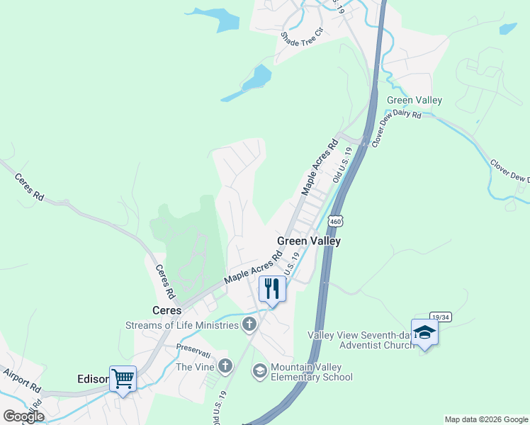 map of restaurants, bars, coffee shops, grocery stores, and more near Tree Top Lane in Bluefield
